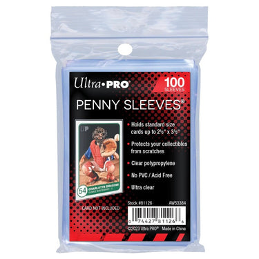 Pack of Ultra Pro Penny Sleeves with product details on a white background